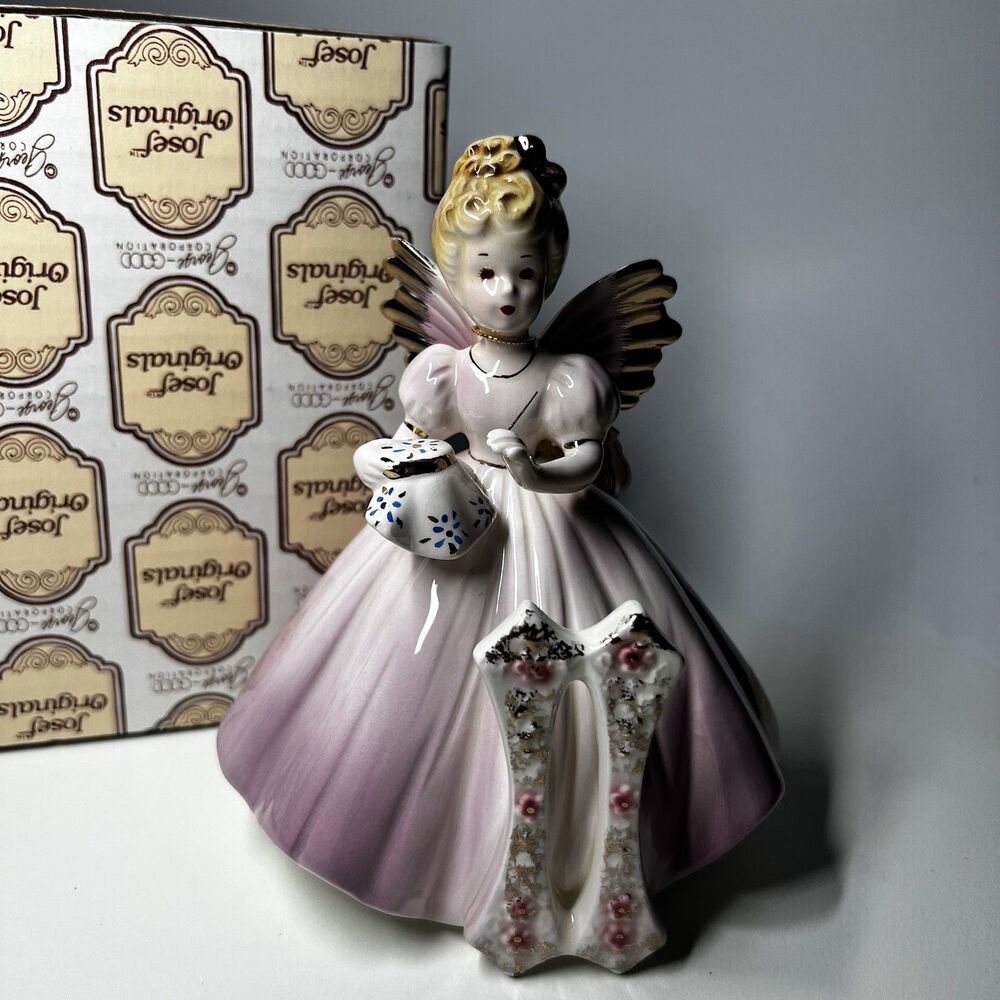 Vtg Josef Originals 11 Year Old Birthday Angel Figurine Sewing Muff Box Pink